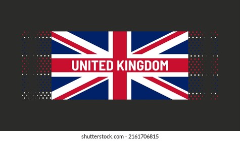 United Kingdom Flag vector illustration with words "United Kingdom" on black background. Dotted backdrop. Blue, red, white colors.