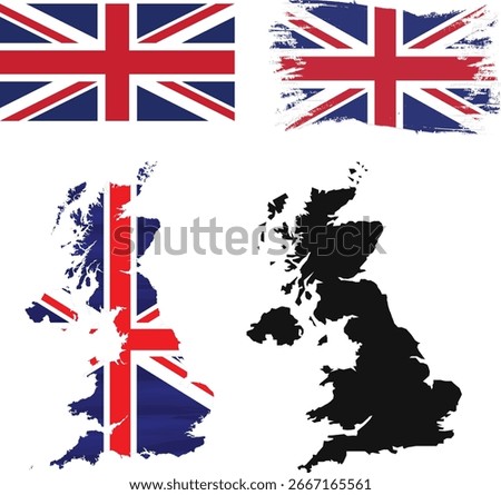 united kingdom flags and maps ,flag in brush and rectangle styled united kingdom ,map in national colour,silhoutte united kingdom map ,vector illustration