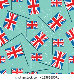 United Kingdom flags on blue background. Seamless pattern. Design element for fabric, wrapping paper, wall paper, flyers or posters. Flat design.