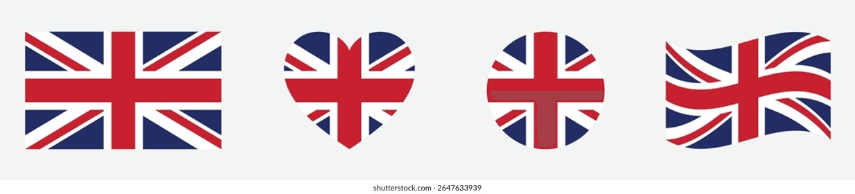 United Kingdom flags set in square, heart, circle and waving formats. United Kingdom flags collection. Set of United Kingdom flags icons isolated on gray background. Vector illustration.
