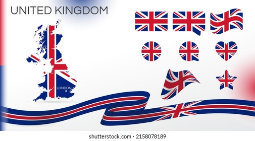 United Kingdom flags set. Various designs. Map and capital city. World flags. Vector set. Circle icon. Template for independence day. Collection of national symbols. Ribbon with the colors of the flag