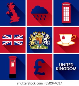 United Kingdom Flat Icon Set. Set of vector graphic flat icons representing symbols and landmarks of the United Kingdom.