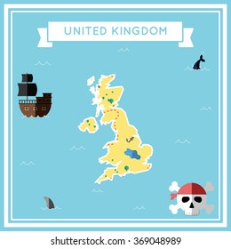 United Kingdom flat treasure map. Colorful cartoon treasure map of United Kingdom with flat icons of pirate ship, jolly roger, treasure chest and banner ribbon. Flat design vector illustration.