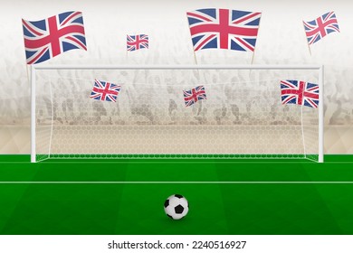 United Kingdom football team fans with flags of United Kingdom cheering on stadium, penalty kick concept in a soccer match. Sports vector illustration.
