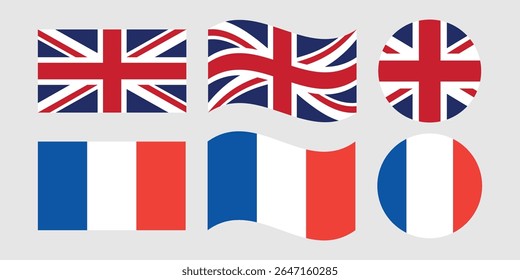 United Kingdom and France Flags in Various Styles.