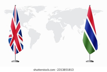 United Kingdom and Gambia flags for official meeting against background of world map.