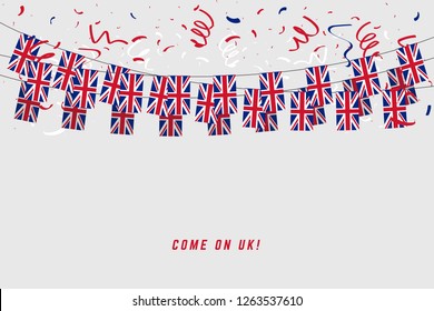 United Kingdom garland flag with confetti on gray background, Hang bunting for UK celebration template banner.