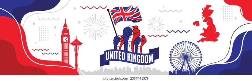 United Kingdom garland flag with confetti on gray background, Hang bunting for UK celebration template banner.

