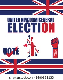 United Kingdom General Election 2024 Vector Illustration. Ballot Box for a UK General Election. General Election 4th July 2024 written on a British Union jack flag. Voting England