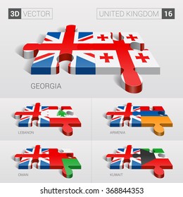 United Kingdom and Georgia, Lebanon, Armenia, Oman, Kuwait Flag. 3d vector puzzle. Set 16.