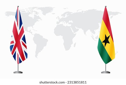 United Kingdom and Ghana flags for official meeting against background of world map.