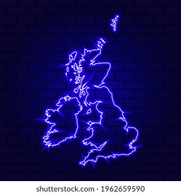 United Kingdom glowing neon sign on brick wall background