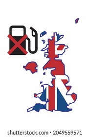 
United Kingdom, Great Britain, the British or the English without gasoline. Map of United Kingdom with its flag and disused petrol dispenser