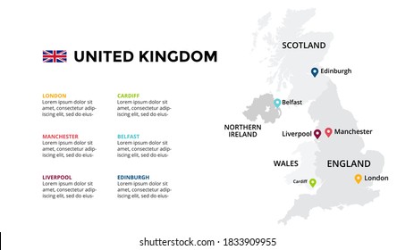 United Kingdom, Great Britain, England, Scotland, Wales, Northern Ireland vector map infographic template. Slide presentation. Europe country. 