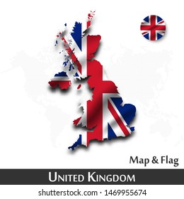United kingdom of great britain map and flag . Waving textile design . Dot world map background . Vector .