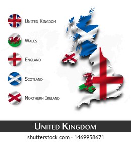 United kingdom of great britain map and flag ( Scotland . Northern ireland . Wales . England ) . Waving textile design . Dot world map background . Vector .