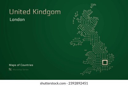 United Kingdom, Great Britain Map with a capital of London Shown in a Microchip Pattern. E-government. World Countries vector maps. Microchip Series