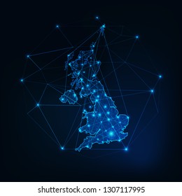 United Kingdom of Great Britain and Northern Ireland map outline. Communication, connection concept.Modern futuristic low polygonal, wireframe, lines and dots design. Vector illustration. 