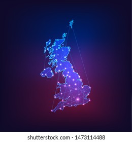 United Kingdom of Great Britain and Northern Ireland map outline. Communication, connection concept.Modern futuristic low polygonal, wireframe, lines and dots design. Vector illustration.