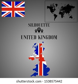 United Kingdom of Great Britain and Northern Ireland, UK outline world map silhouette vector illustration, design background, national country flag, objects, element, symbols from countries set.