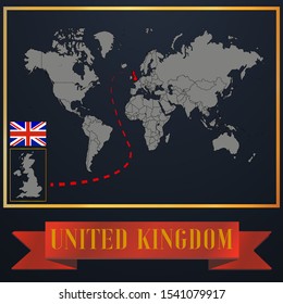 United Kingdom of Great Britain and Northern Ireland, UK national flag, realistic globe world map template, solid country outline silhouette, atlas infographic, vector illustration set, background