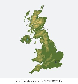 United Kingdom Of Great Britain And Northern Ireland Vector Map. Isolated Vector Color Physical Map With Relief And Rivers