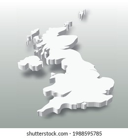 Vereinigtes Königreich Großbritannien und Nordirland, Vereinigtes Königreich - weiße 3D-Silhouette-Landkarte mit heruntergekommenem Schatten auf grauem Hintergrund. Einfache flache Vektorgrafik