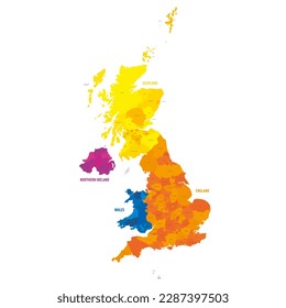 United Kingdom of Great Britain and Northern Ireland, UK. Metropolitan and non-metropolitan counties and unitary authorities of England, districts of Northern Ireland, council areas of Scotland