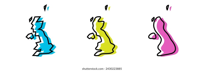 United Kingdom of Great Britain and Northern Ireland country black outline and colored country silhouettes in three different levels of smoothness. Simplified maps. Vector icons isolated on white