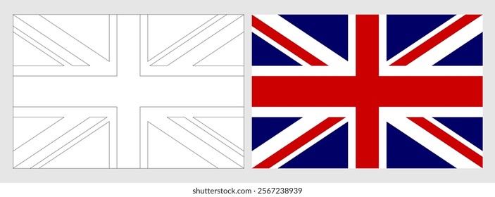 United Kingdom of Great Britain and Northern Ireland flag - coloring page. Set of white wireframe thin black outline flag and original colored flag.