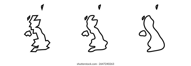 United Kingdom of Great Britain and Northern Ireland country black outline silhouettes in three different levels of smoothness. Simplified maps. Vector icons isolated on white background.