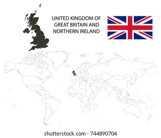 United Kingdom of Great Britain and Northern Ireland map on a world map with flag on white background.
