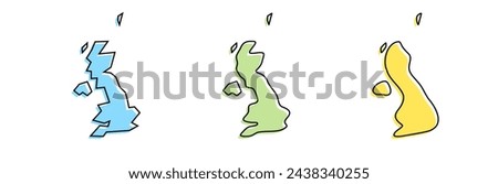 United Kingdom of Great Britain and Northern Ireland country black outline and colored country silhouettes in three different levels of smoothness. Simplified maps. Vector icons isolated on white