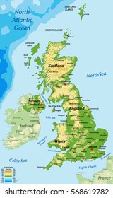 United Kingdom Of Great Britain Physical Vector Map With Bathymetry And Main Cities.