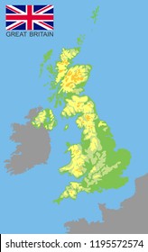 United Kingdom. Great Britan bordered by Ireland and France. Detailed physical map of country colored according to elevation, with rivers, lakes, mountains. Vector map with national flag. EPS 10