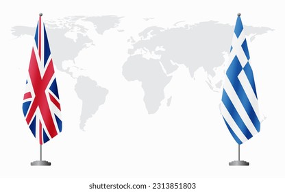 United Kingdom and Greece flags for official meeting against background of world map.