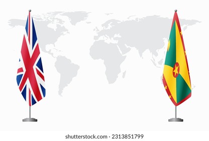 United Kingdom and Grenada flags for official meeting against background of world map.