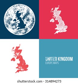 United Kingdom Grunge Retro Map - Three silhouettes United Kingdom maps with different unique letterpress vector textures - Infographic and geography resource