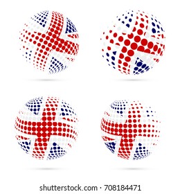 United Kingdom halftone flag set patriotic vector design. 3D halftone sphere in national flag colors isolated on white background.