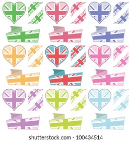united kingdom hearts, corners and ribbons with union jack variations, isolated on white