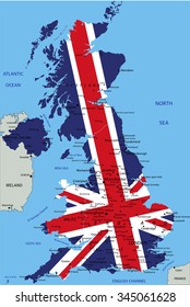 United Kingdom highly detailed political map with national flag.