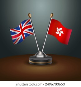 United Kingdom and Hong Kong flags on sticks, symbol of national cooperative relations, 3d illustration, Vector illustration.