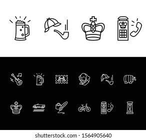 United kingdom icon set and detective hat pipe with inkwell with quill pen, telephone box and bike. Accessory related united kingdom icon vector for web UI logo design.