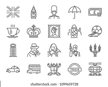 United Kingdom icon set. Included the icons as tea time, British pound, London taxi, queen, flag, bus, Big ben tower and more
