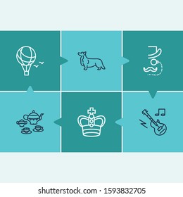 United kingdom icon set and tea set with corgi dog, electro guitar and monocle. Airship related united kingdom icon vector for web UI logo design.