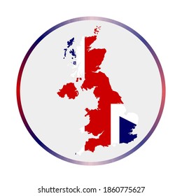 United Kingdom icon. Shape of the country with United Kingdom flag. Round sign with flag colors gradient ring. Creative vector illustration.