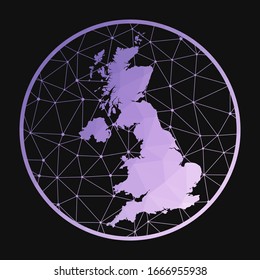 United Kingdom icon. Vector polygonal map of the country. United Kingdom icon in geometric style. The country map with purple low poly gradient on dark background.