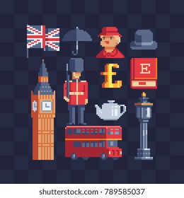 United Kingdom icons. British theme. Pixel art. Symbols of English culture. 8-bit sprite. Sticker design. Isolated vector illustration.