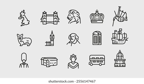 United Kingdom icons. Set of 15 British cultural and historic icons. Tower Bridge, Big Ben, Flag, Corgi, Globe Theatre. Design signs for web page, mobile app, and travel projects. Vector illustration