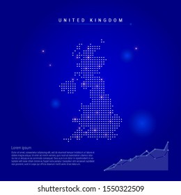 United Kingdom illuminated map with glowing dots. Dark blue space background. Vector illustration. Growing chart, lorem ipsum text.